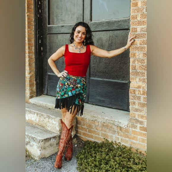 Turquoise Stone Jewelry Printed Wrap Fringe Skirt - Picture 2 of 2